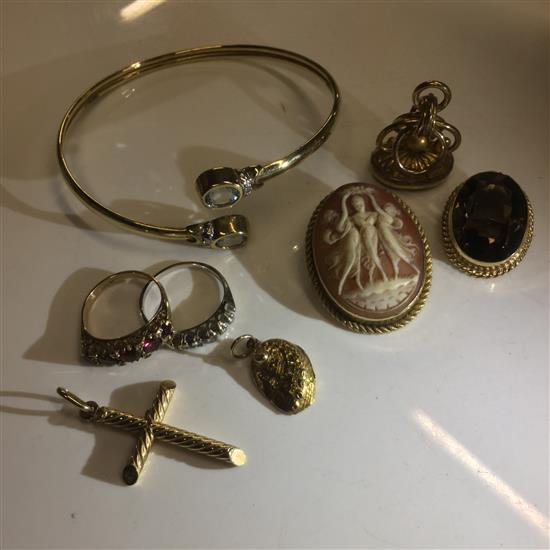 Gold bangle, dress rings, fob, etc